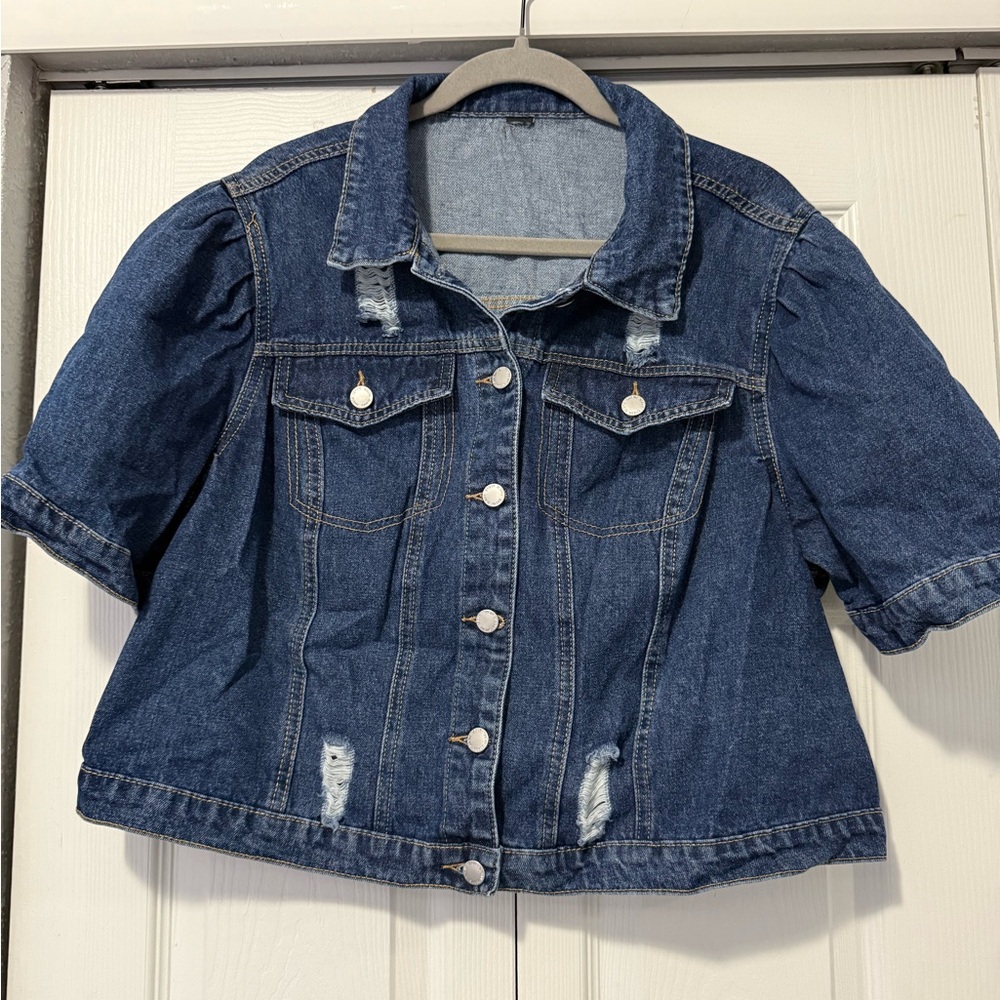 SHEIN Dark Blue Short Puff Sleeve Denim Jacket